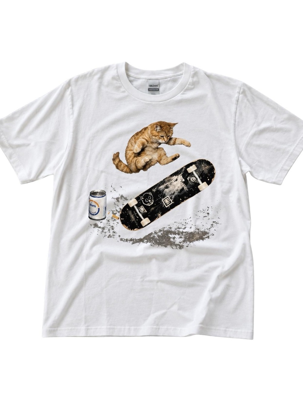 Gildan White Funny Skateboarding Cat Graphic T-Shirt Streetwear Unisex Tee